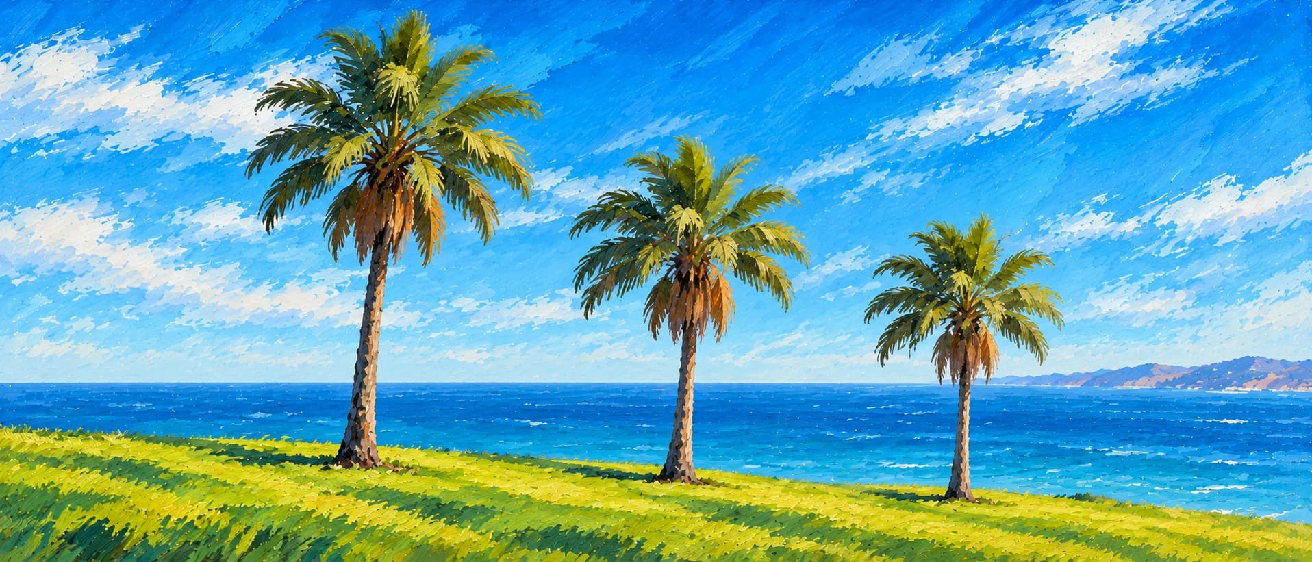 Painted palm trees on a grassy cliff above the ocean